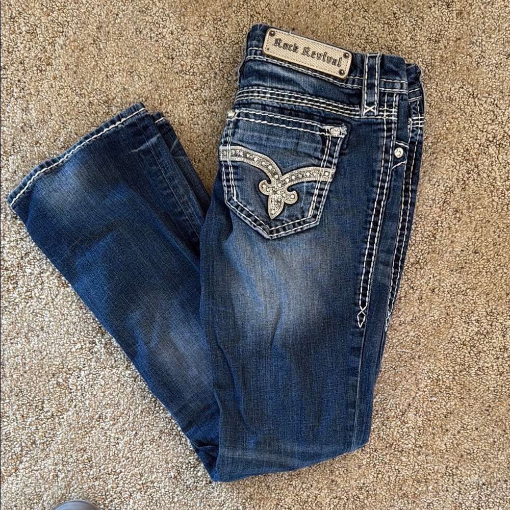 Rock Revival Blue Boot Cut Jeans with Vintage Fading
